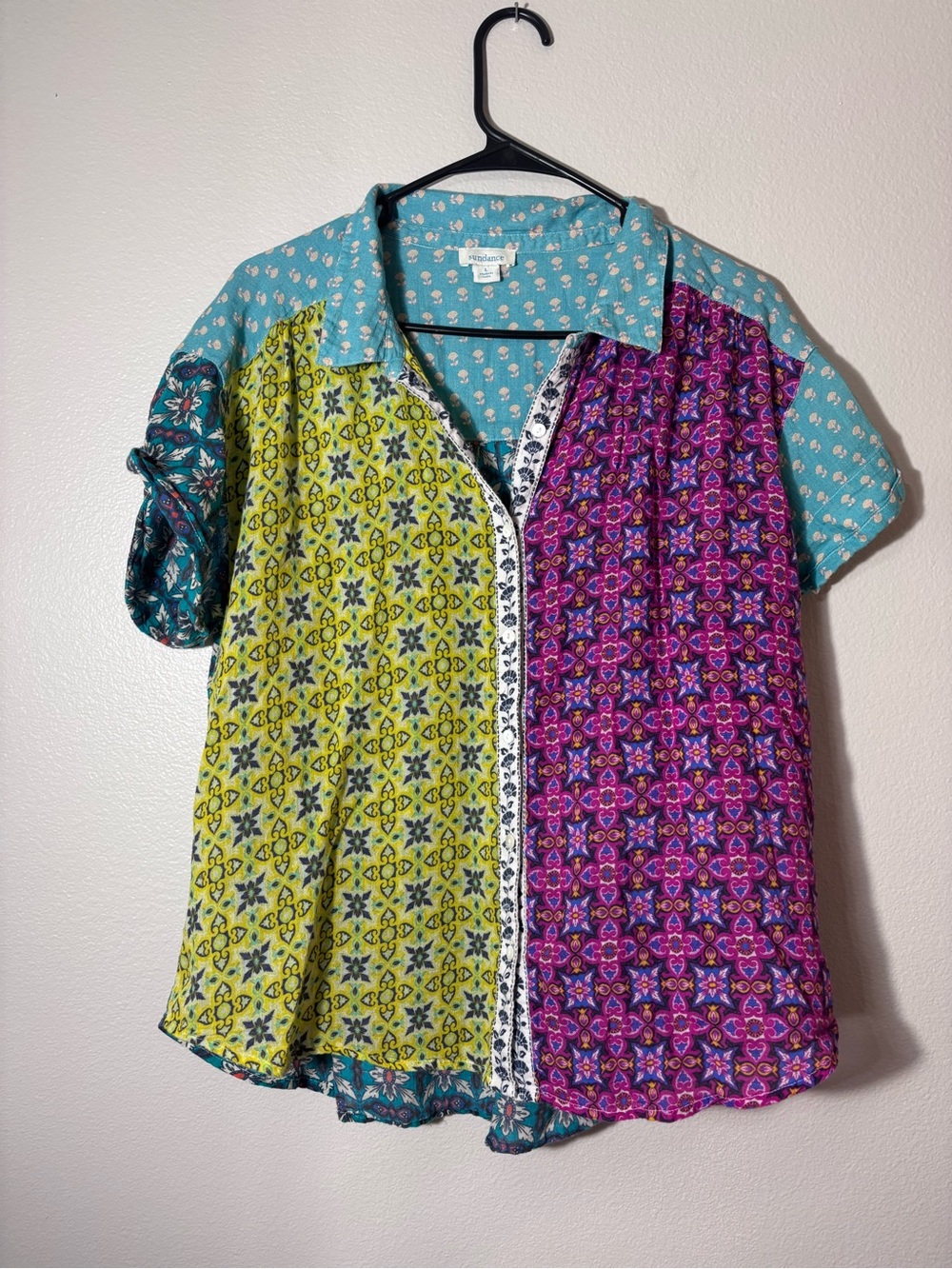 Sundance Patchwork Button-Down Shirt - Teal, Yellow, Purple